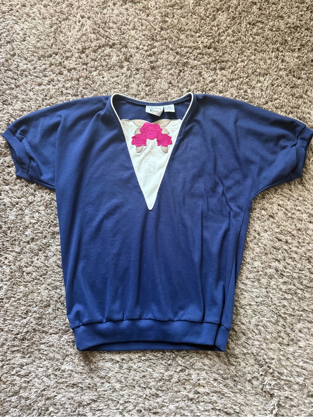 Vintage 80s Alison Craig Rose Embroidered Top Size Small Navy Blue
